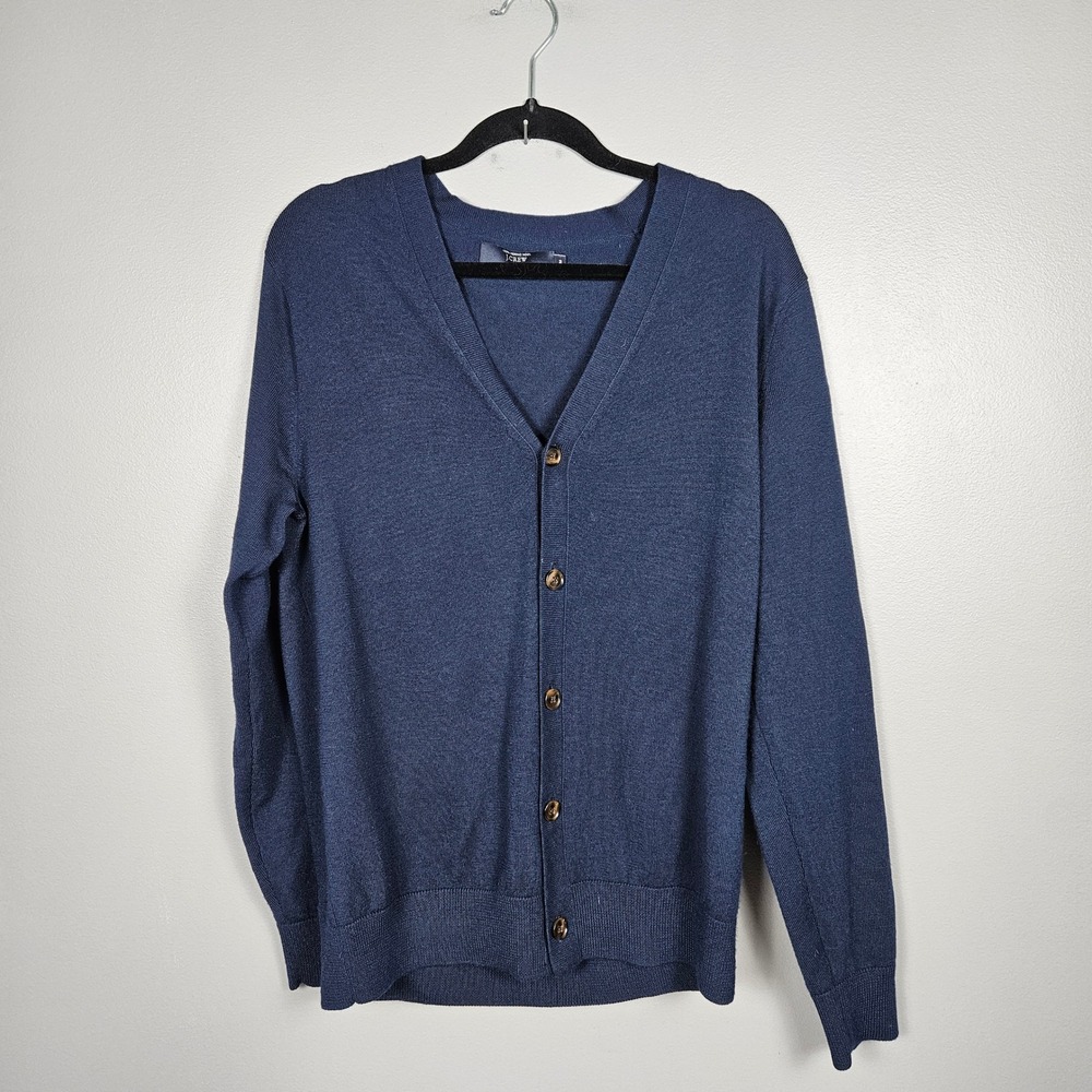 J.Crew Mens Medium Cardigan Sweater 100% Merino Wool V-Neck Button Front Navy g